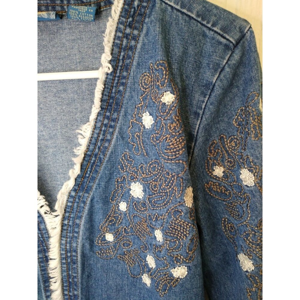 Wrangler Women's Vintage Blue Jean Denim Open Blazer Jacket Fringe Sz Small - Picture 2 of 4